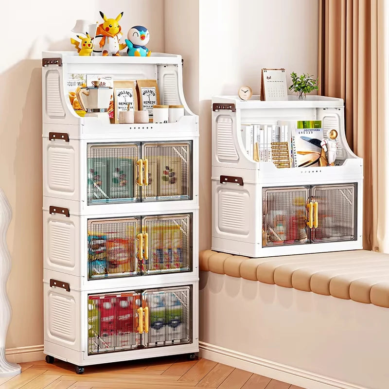 Large Foldable Flip-Top Transparent Storage Cabinet with Wheels, Space-Saving Mobile Home Organizer