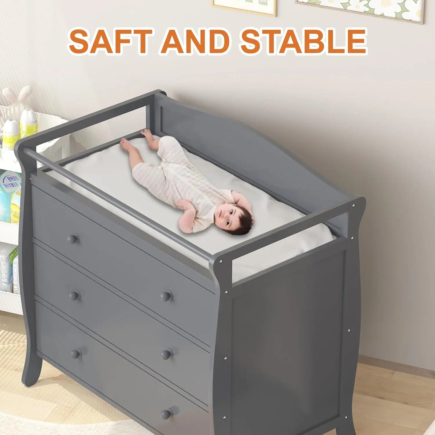 HiMiss Wooden 3 Drawers Baby Changing Table With Safety Rails