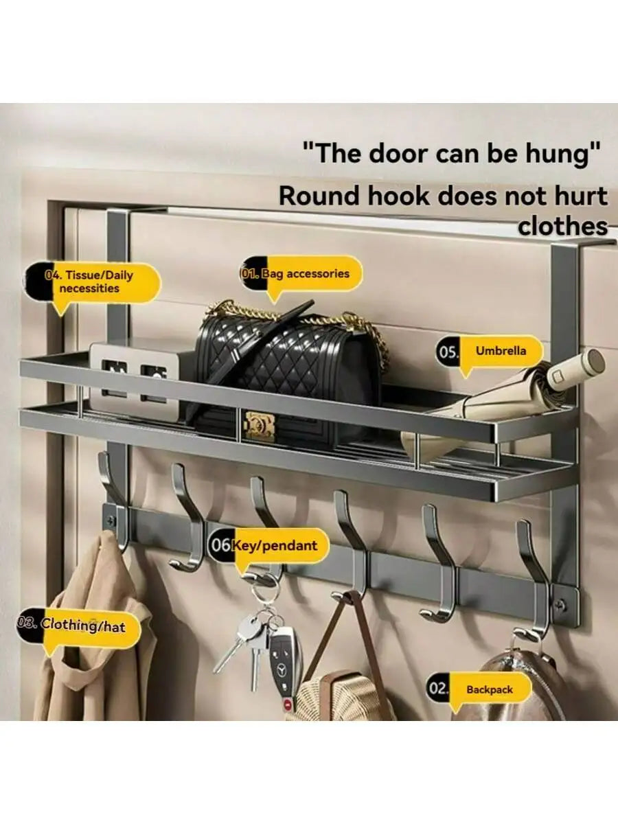Gun Gray Over-the-Door Hook Rack with Storage Shelf, 6 Heavy-Duty Hooks for Coats, Bags, Hats & Keys, No-Drill Door Back Organiz