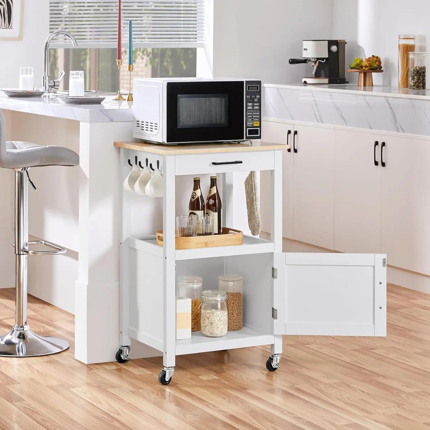 Rolling Kitchen Island Cart with Storage, 6 Hooks, Wood Top, White