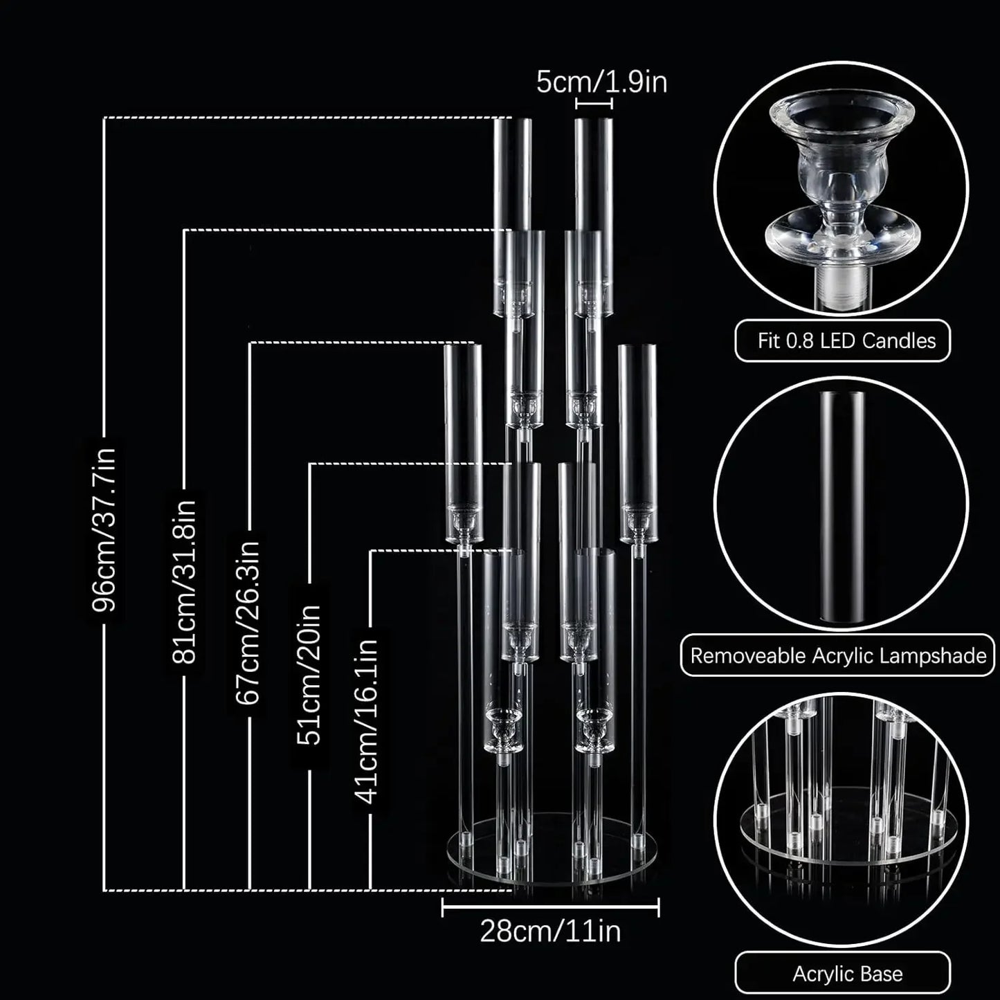 10Pcs Acrylic Candelabra Centerpiece 10 Arm Candelabras for Wedding Clear Candle for Tables Dinner Party