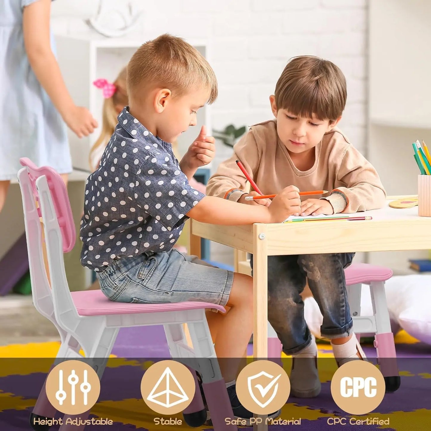 2-Pack Adjustable Kids Chairs 3-Level Height Toddler Chair Ergonomic Plastic Indoor/Outdoor Chair for Age 2-8,Non-Slip Stackable