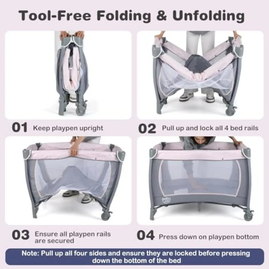 5 in 1 Pack and Play Portable Baby Playard with Bassinet Diaper Changing Table Infant Pink Bassinet Crib with Toys Music Ox Ba