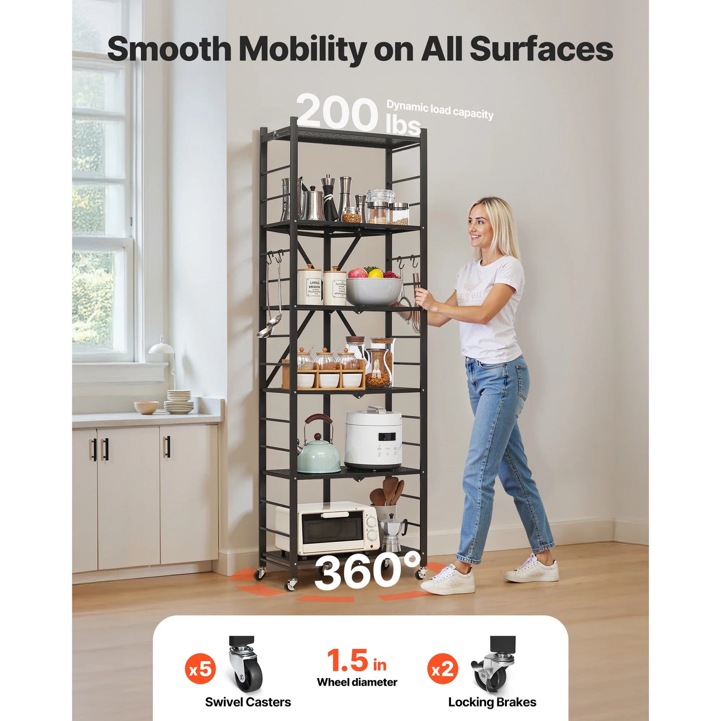 SucceBuy Foldable Metal Storage Shelving Unit With Five Wheels