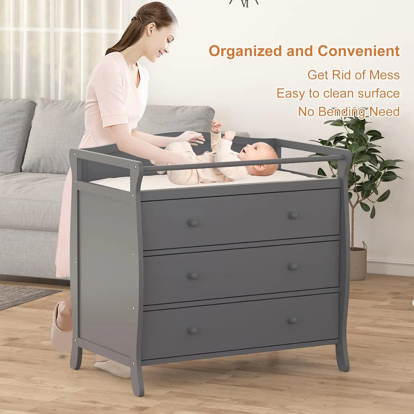 HiMISS Wooden Baby Changing Dresser Nursery Safety Rails Storage Drawers