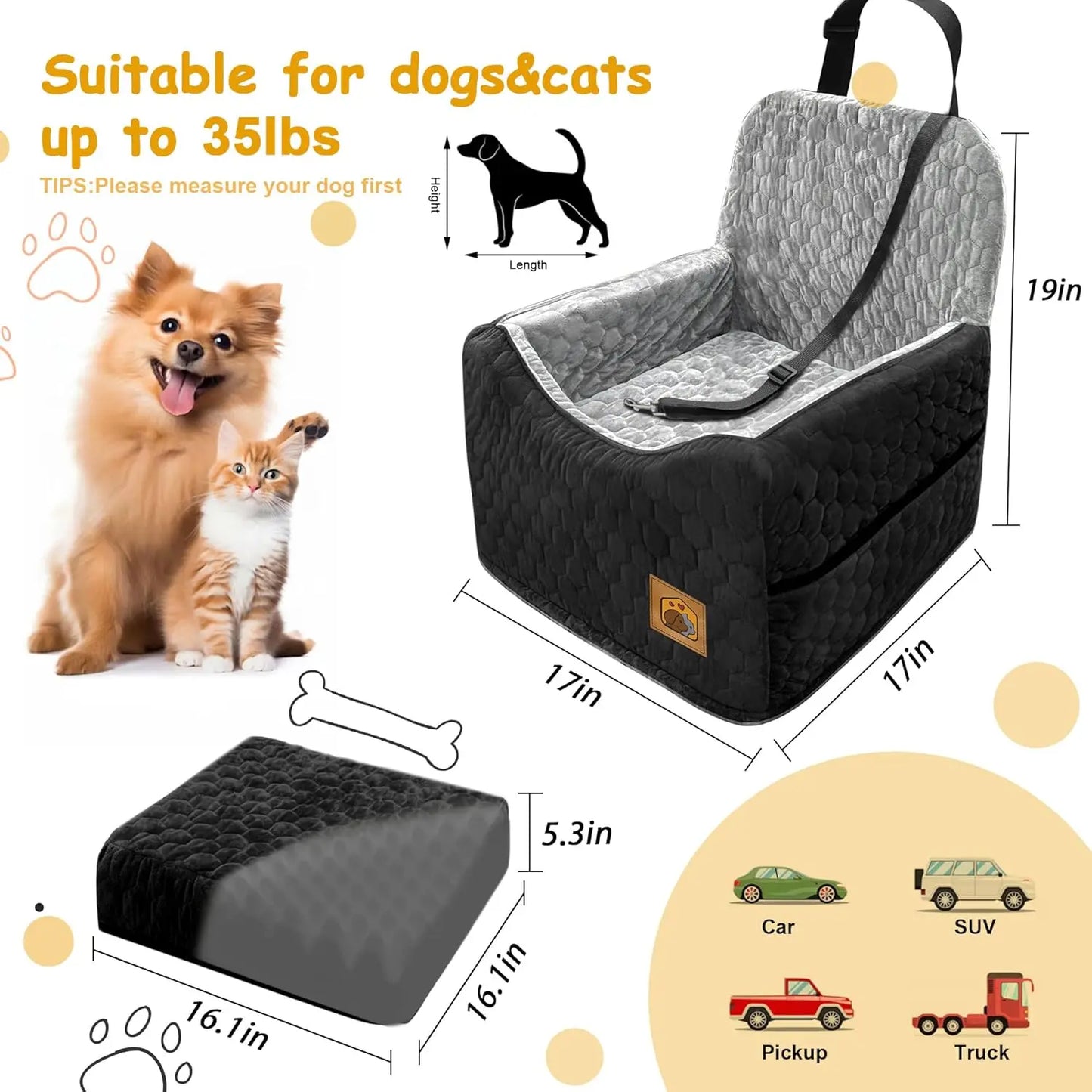 Memory Foam Dog Car Seat for Small/Medium Dogs, Travel Safety Booster with Washable Cover and Storage Pockets, up to 35 lbs