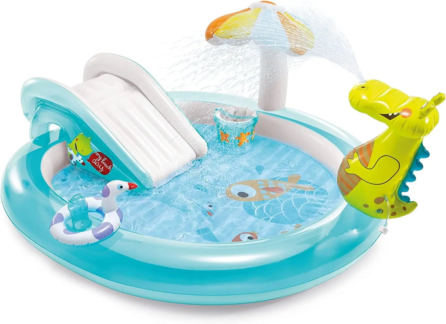 Outdoor Inflatable Kiddie Pool with Slide, Sprinklers & Floatie for Kids Water Play