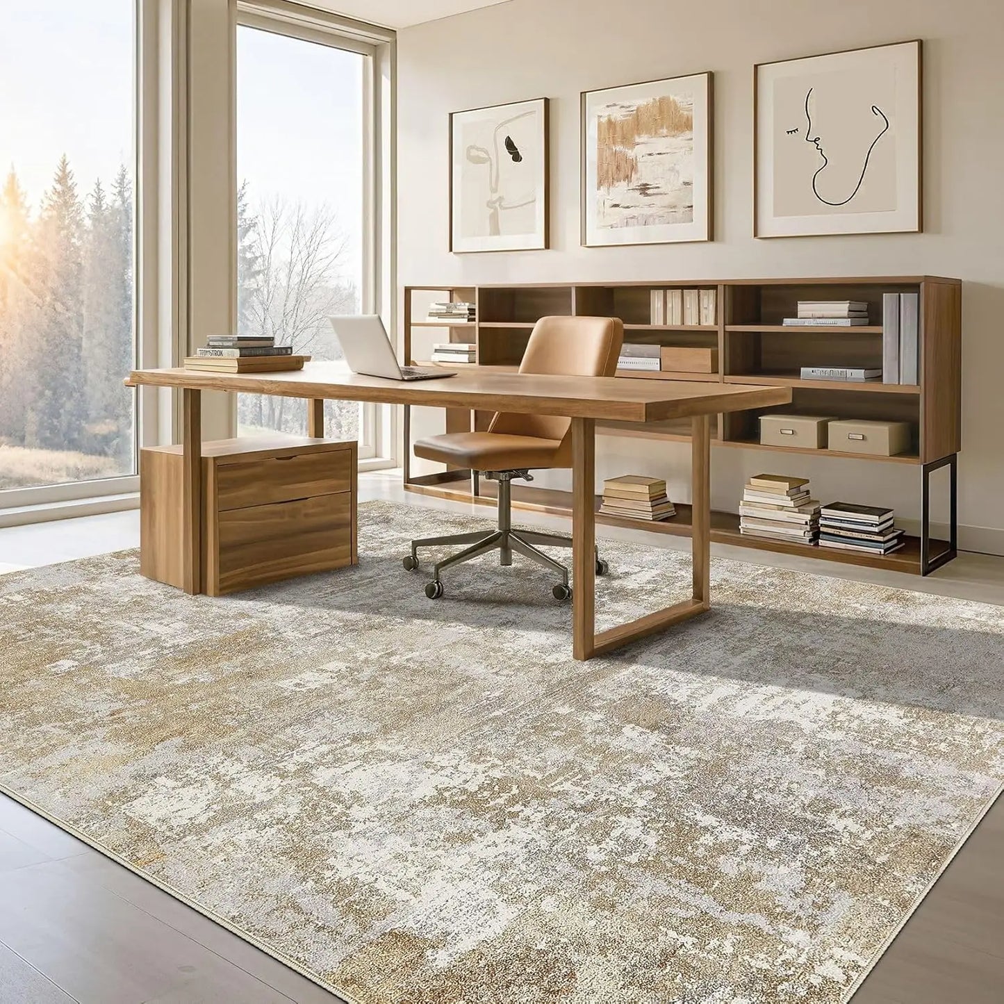 Modern Abstract Neutral Washable Area Rug: Soft Non-Slip Indoor Carpet for Living Room, Bedroom, Dining Room