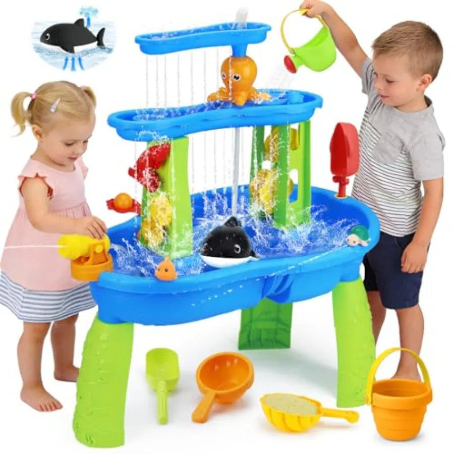Outdoor 3-Tier Water Table for Toddlers 1-3 3-5 Years Plastic Blue Includes Pump for Sensory Summer Splash Play at Beach Pool B