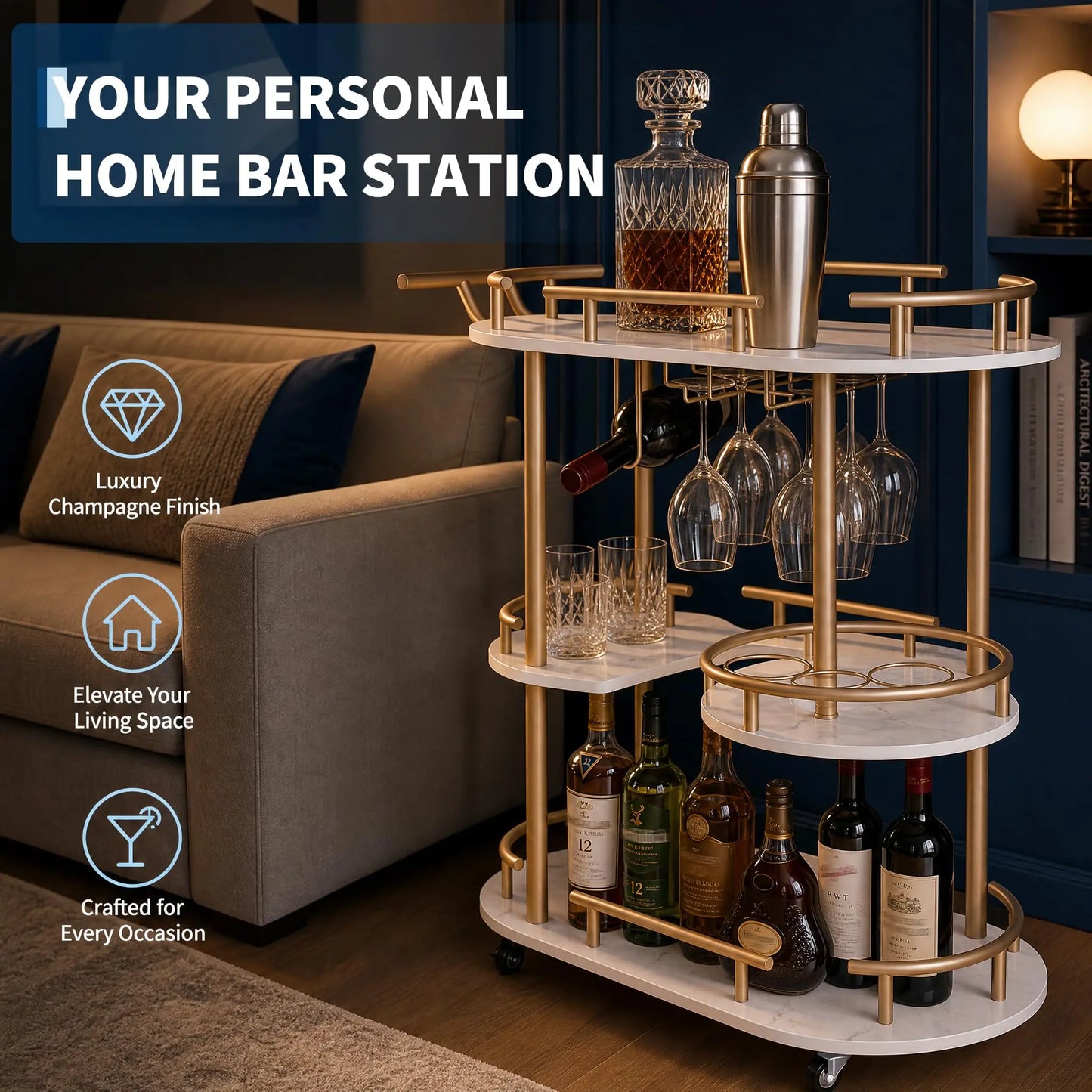 HiMISS Three Tier Metal Rolling Cart With Wine Rack
