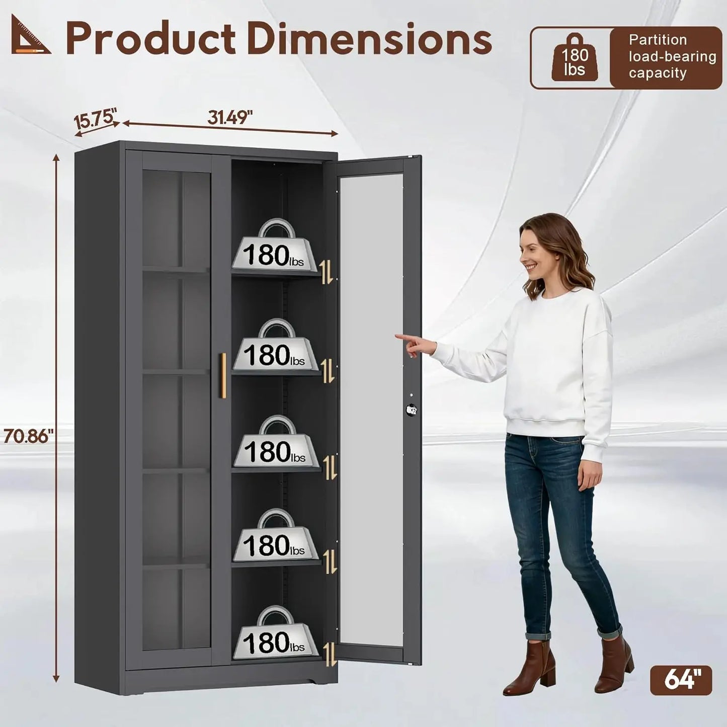 ZHILU Lockable Display Cabinet With Glass Doors And Adjustable Shelves