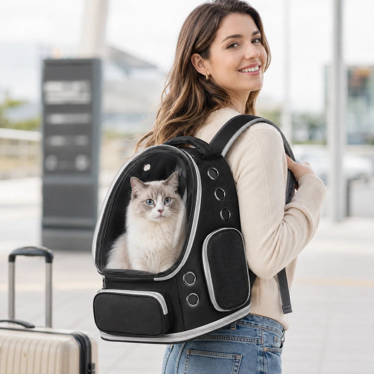 Breathable Nylon Cat Backpack With Transparent Bubble Window Design