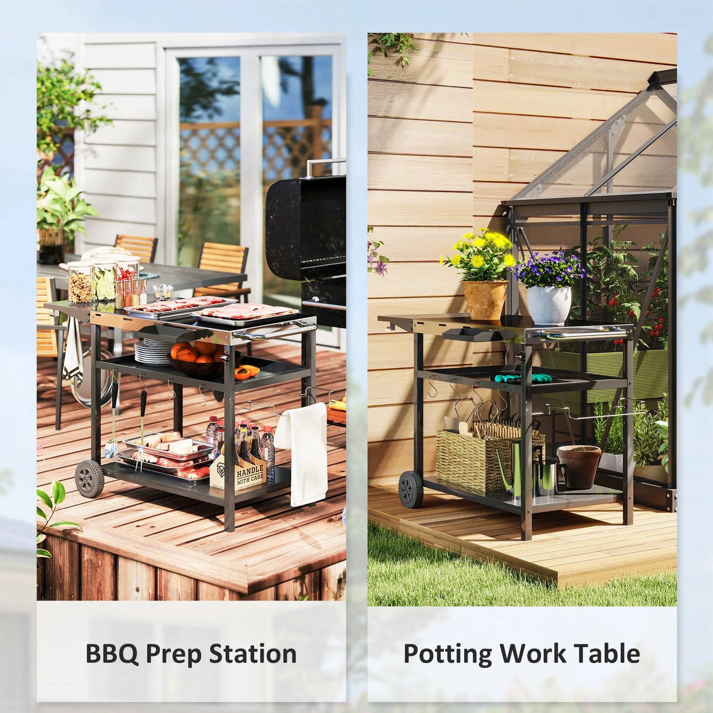 Outdoor Bar Cart Grill Table With Wheels And Prep Storage
