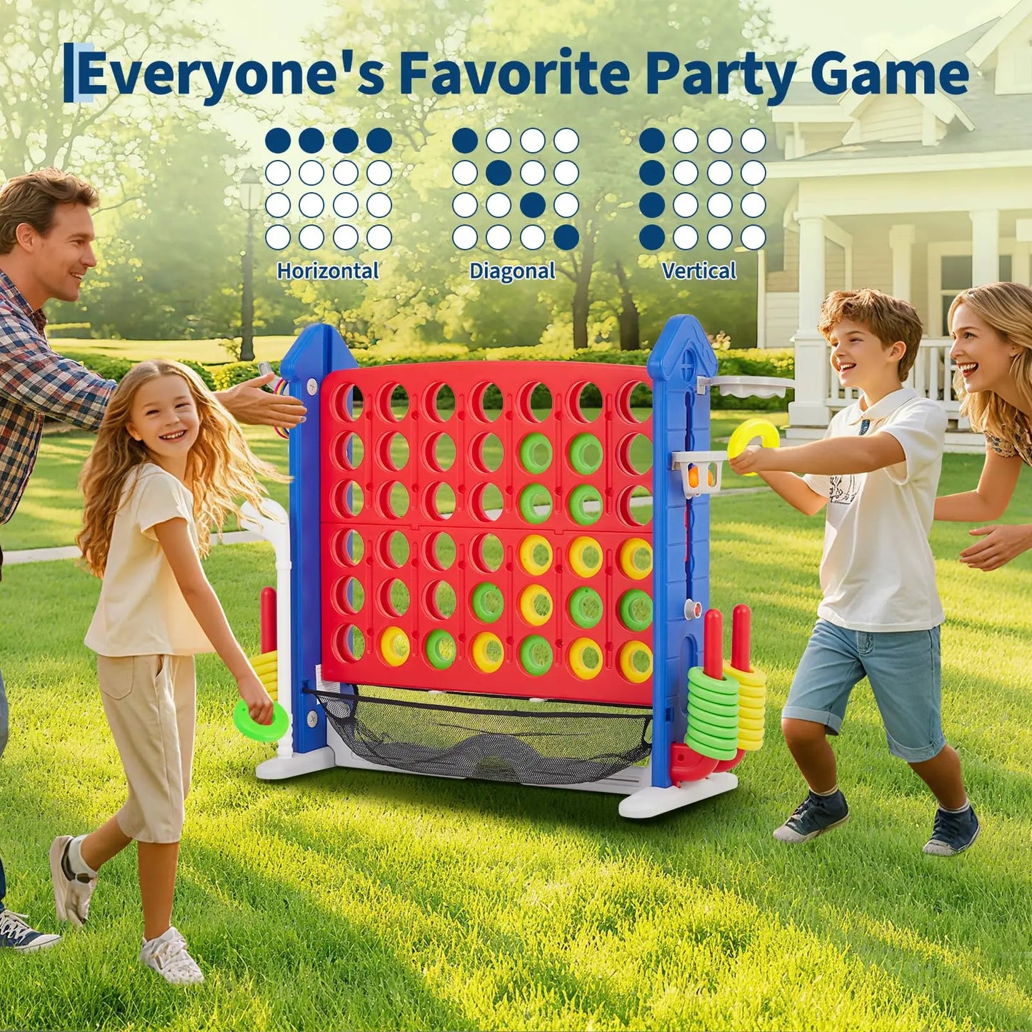 Giant 4 In A Row Game Set 4-in-1 Jumbo Yard Game With Basketball Hoop Ring Toss Adjustable Height Outdoor Family Party Toy