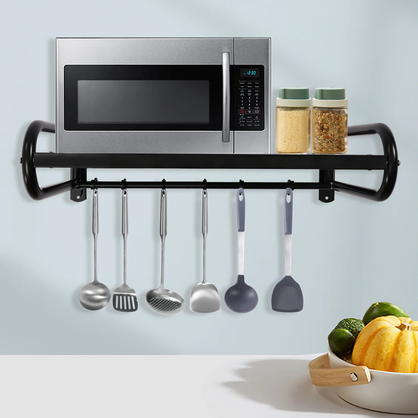 Microwave Shelf Wall Mount, Microwave Wall Shelf with 6 Hook, Load Capacity 66lbs, Black Carbon Steel Counter Countertop Holder