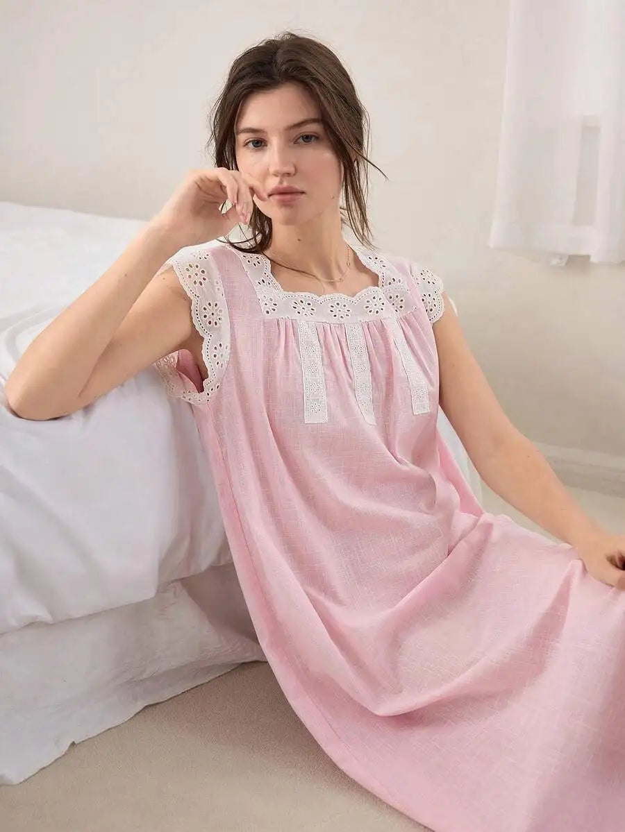 Womens 100% Cotton Lace Trim Nightgown Sleepwear Soft Comfortable