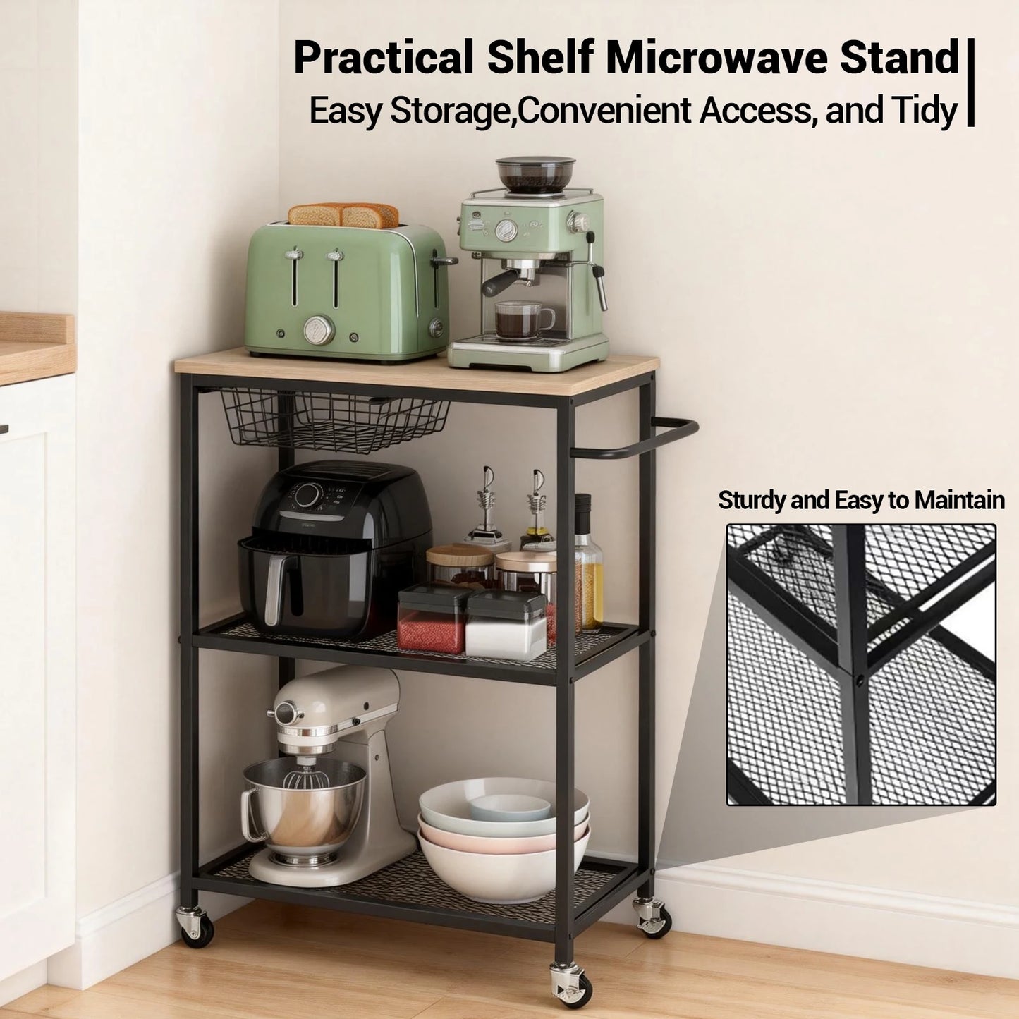 Microwave Kitchen Storage Cart with Push Handle 3 Tier Rolling Cart with 2 Lockable Wheels for Kitchen Island Dining Room