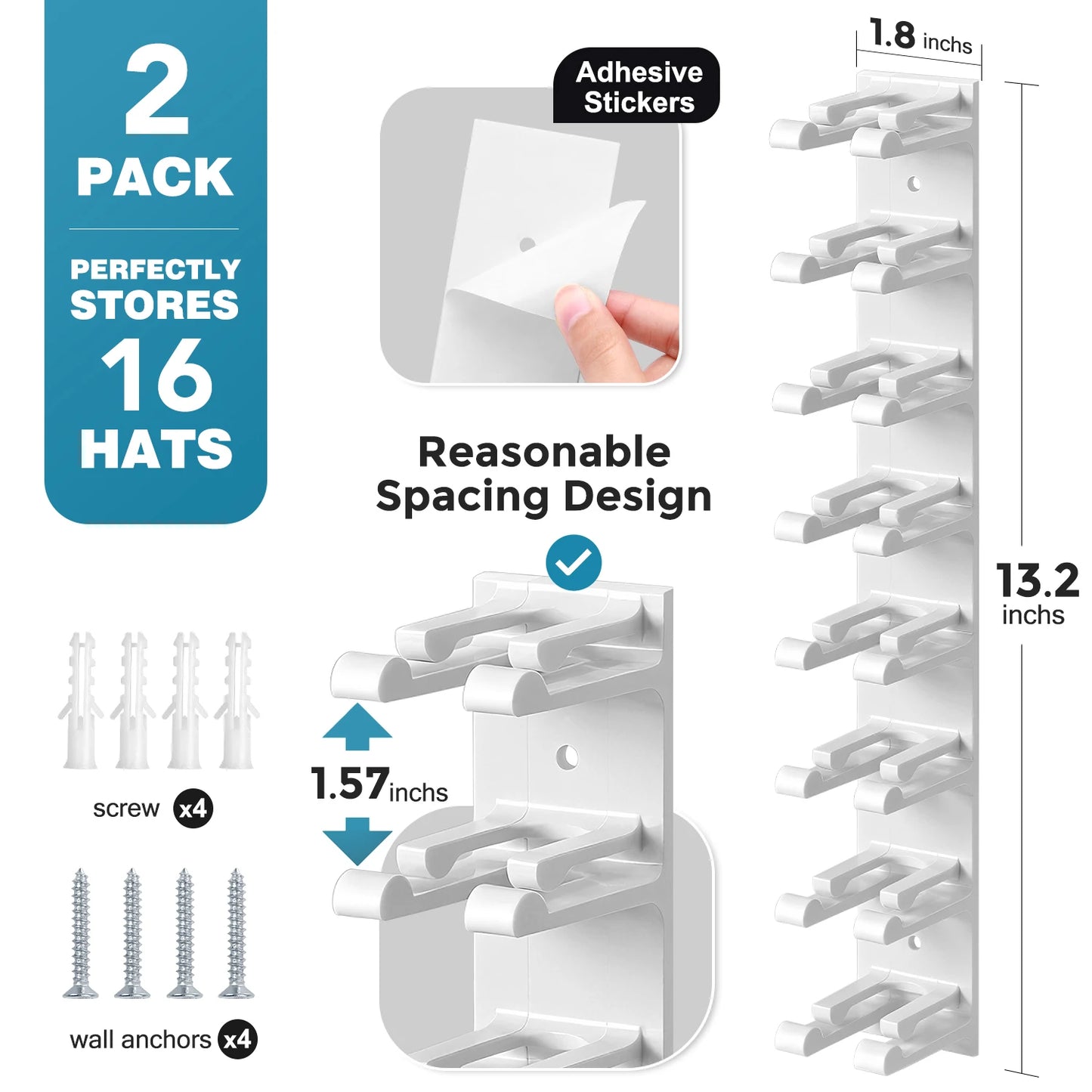 Hat Organizer for Baseball Caps, 2 Pack Hat Racks for Wall Closet Door Hold up to 16 Hats,Hat Holder with Adhesive and 8 Screws