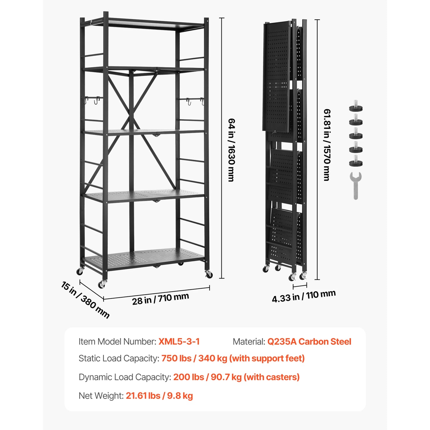 SucceBuy Foldable Metal Storage Shelving Unit With Five Wheels