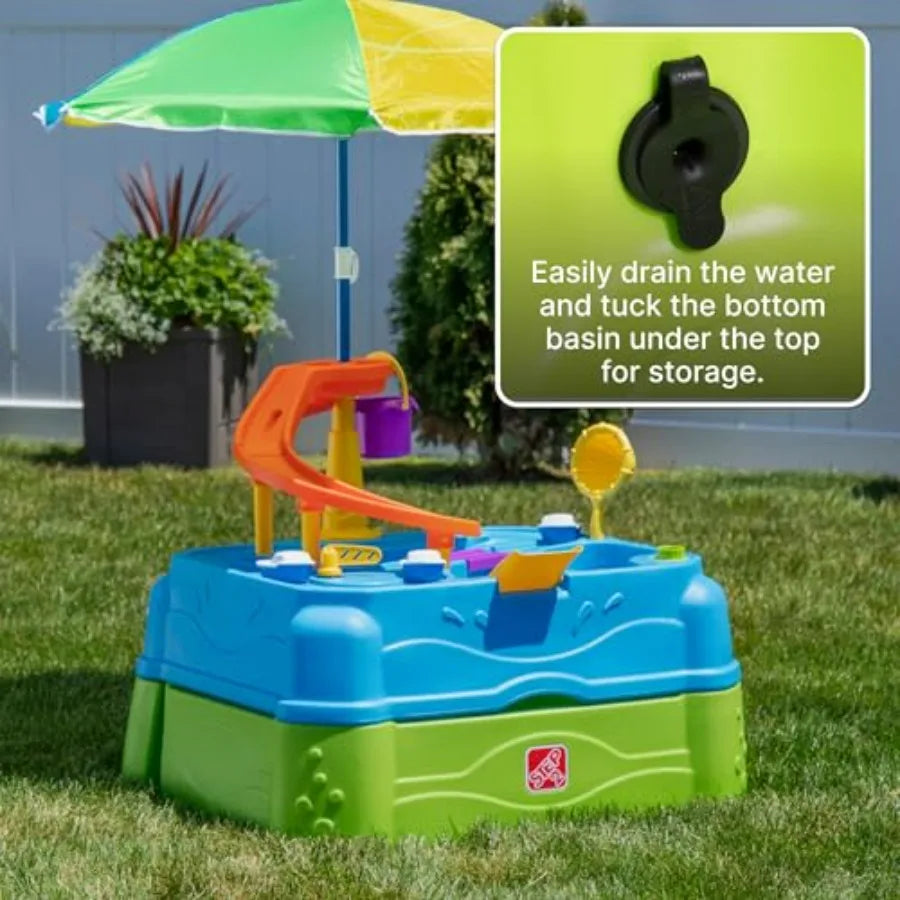 Outdoor Summer Water Playset for 18 Months+ Two-Tier Water Table with Umbrella Garden Hose Sprinkler 11 Accessories Blue Sensor