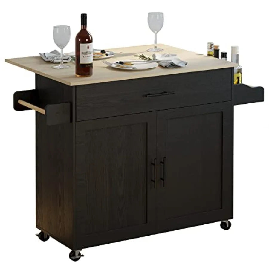 Rolling Kitchen Island Table on Wheels with Drop Leaf, Storage Cabinet, Drawer, Spice/Towel Rack, Kitchen Cart, 47.25 Wide Blac