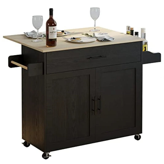 Rolling Kitchen Island Table on Wheels with Drop Leaf, Storage Cabinet, Drawer, Spice/Towel Rack, Kitchen Cart, 47.25 Wide Blac