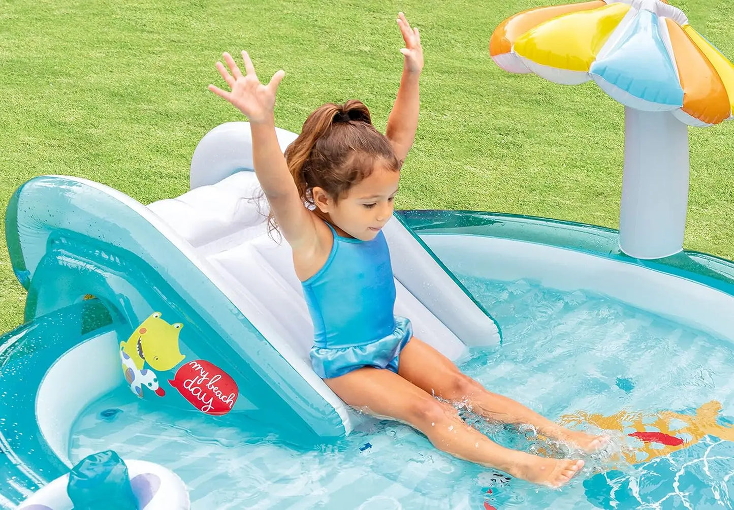 Outdoor Inflatable Kiddie Pool with Slide, Sprinklers & Floatie for Kids Water Play