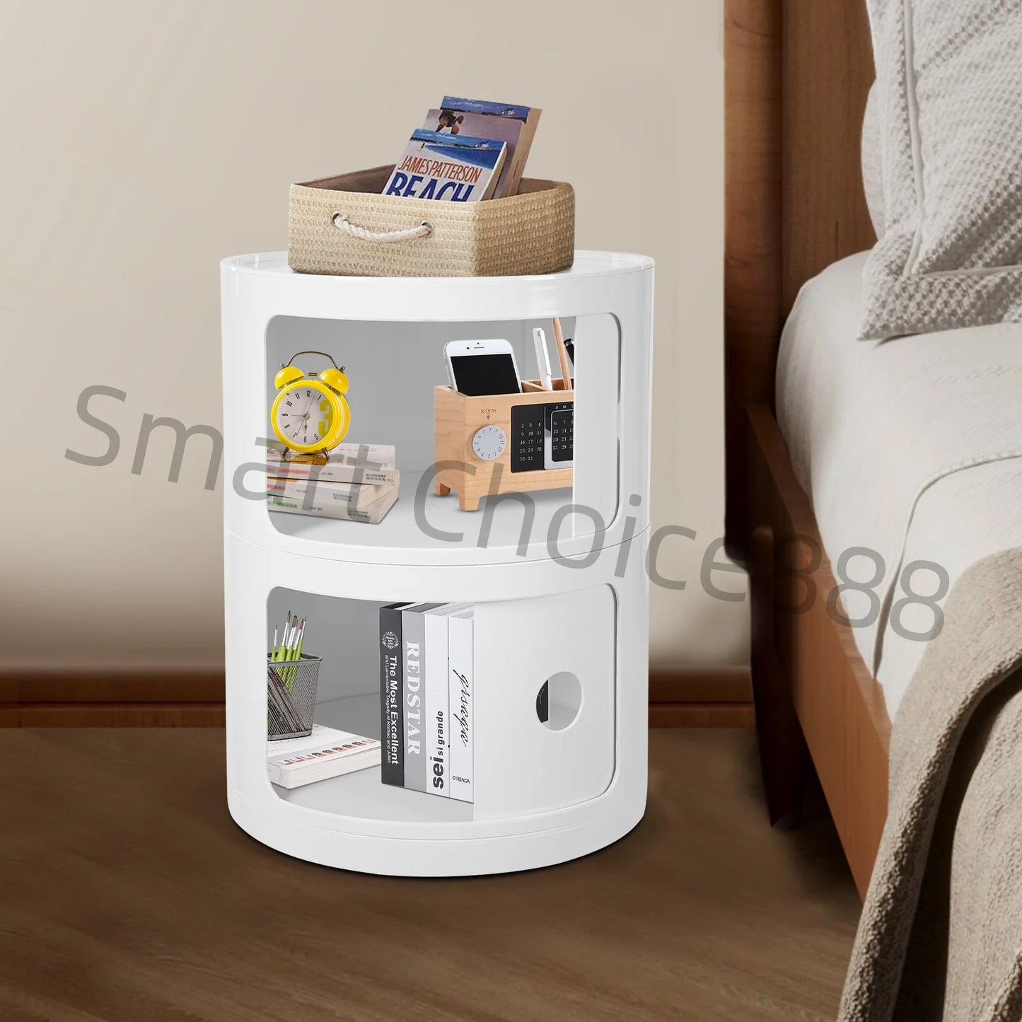 2-Tier Simple Round Nightst Bedside Table Round Large-capacity Storage ABS Green/White for Bathroom Bedroom Office