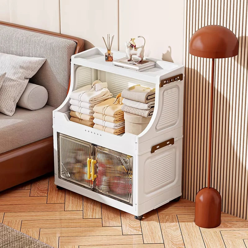 Large Foldable Flip-Top Transparent Storage Cabinet with Wheels, Space-Saving Mobile Home Organizer