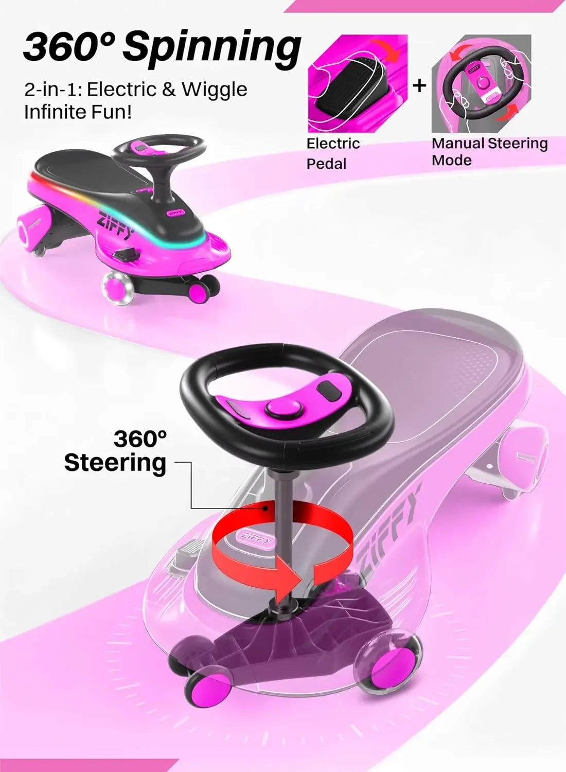 JOYFY 45W 5.5A Electric Wiggle Car Light-Up Rechargeable Battery 2 Speed Ride-On Toy for Kids Ages 3+ (Max 110 lbs)