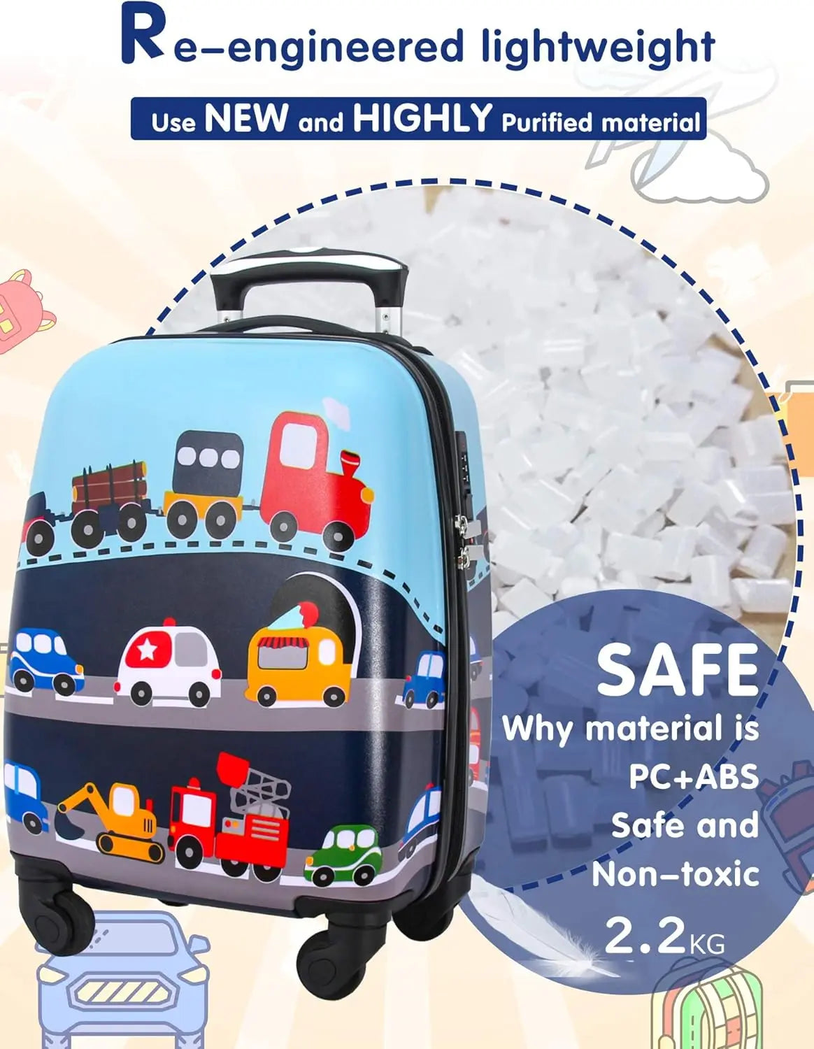 Kids Rolling Suitcase with 4 Wheels, Hardshell Travel Luggage for Toddlers and Children