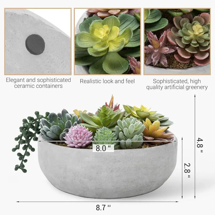 8 Inch Round Modern Artificial Succulent Arrangement Potted in Gray Concrete Plant Bowl, Assorted Faux Mini Succulents in a Deco