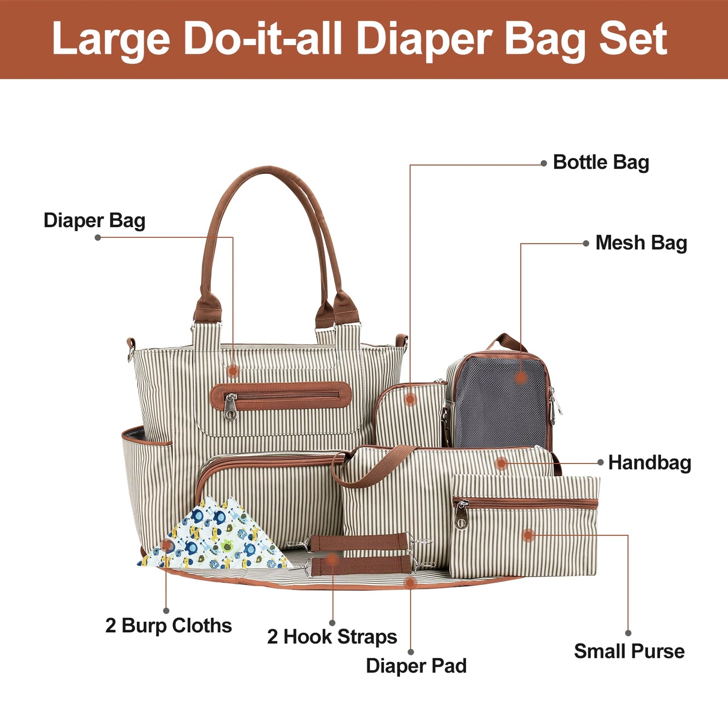 US Stock 8Pcs Diaper Bag Set Large Capacity Baby Nappy Handbag Multifunctional Maternity Changing Bag with Portable Pad
