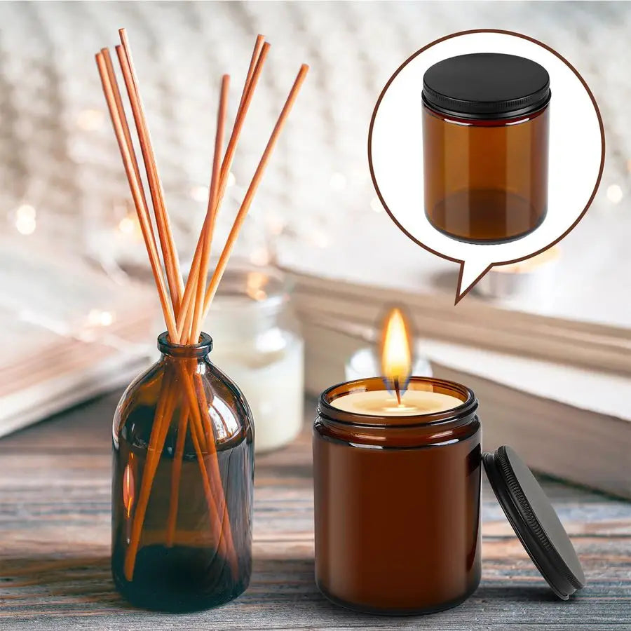 12 Pack Amber Glass Jars, 8 Oz Thick Amber Round Glass Jars, with Black Metal Lids, for Spice, Liquid, Sample, Leakproof and Dis