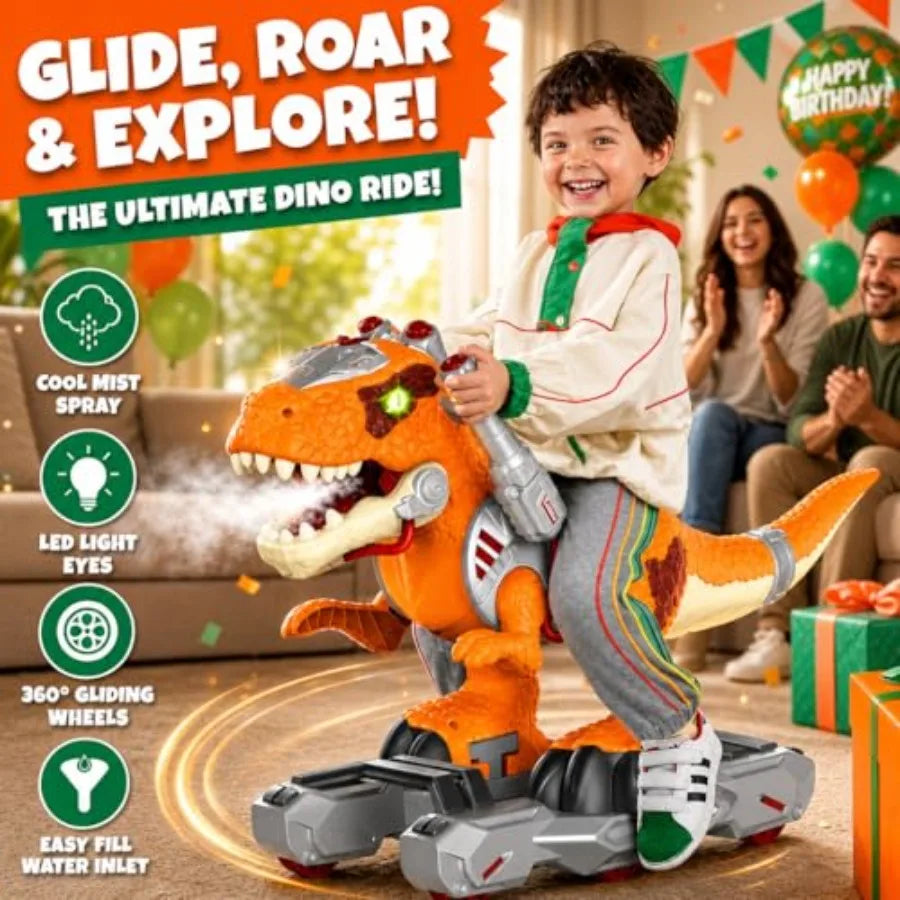 Dinosaur Ride-On Scooter for Toddlers ABS Plastic, Orange, Electric Push Ride Foot-to-Floor Sliding Toy with Music, Lights, Mis