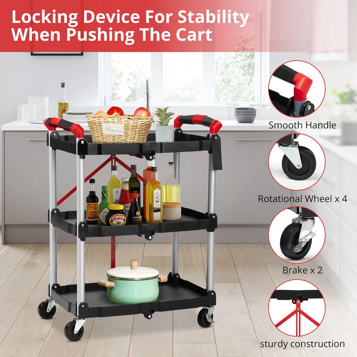 Twister.Ck 3 Tier Foldable Utility Rolling Cart With Lockable Wheels