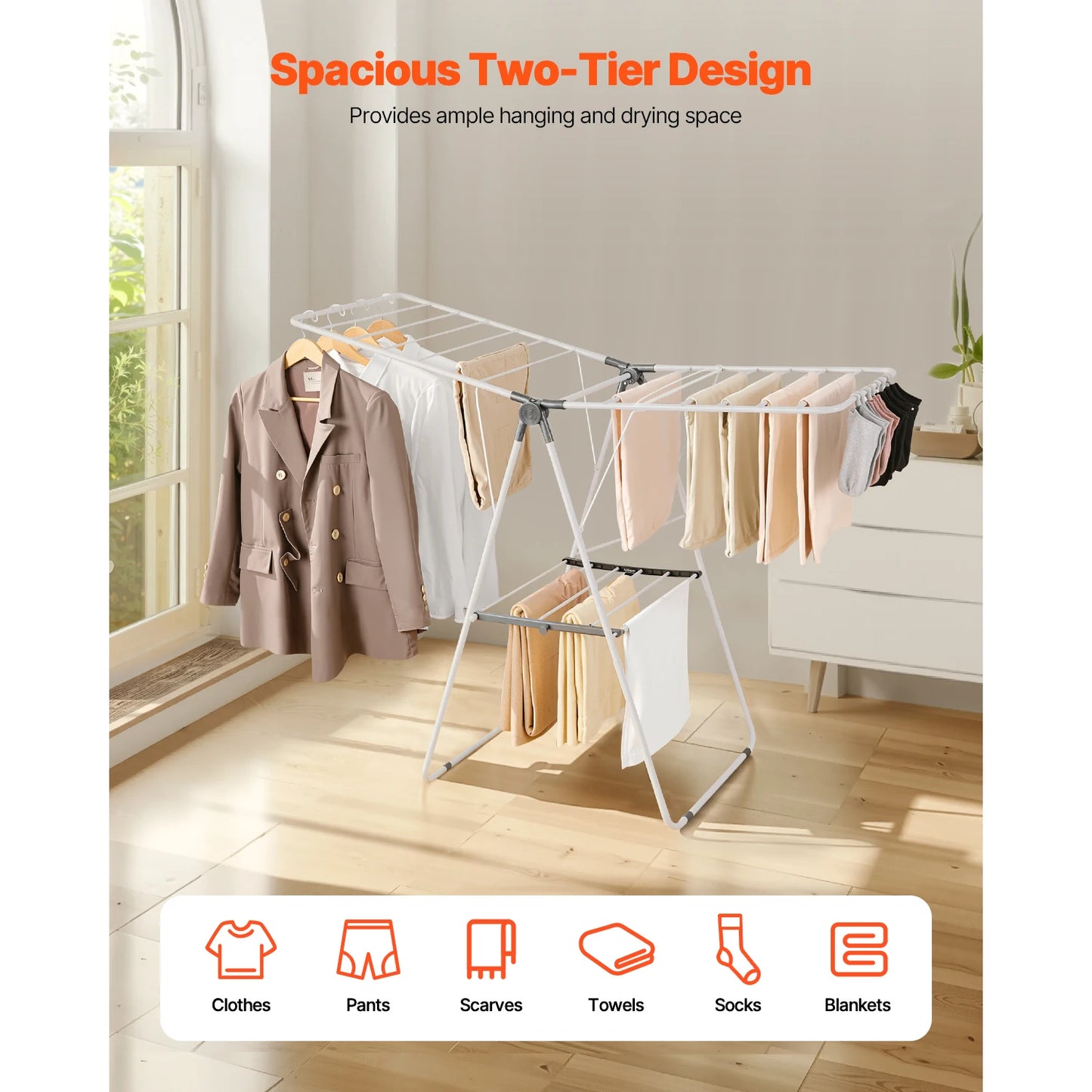 SucceBuy Clothes Drying Rack Foldable Laundry Dryer Rack with Sock Clips Metal Height Adjustable Drying Racks for Outdoor&Indoor