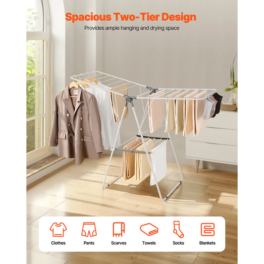 SucceBuy Clothes Drying Rack Foldable Laundry Dryer Rack with Sock Clips Metal Height Adjustable Drying Racks for Outdoor&Indoor