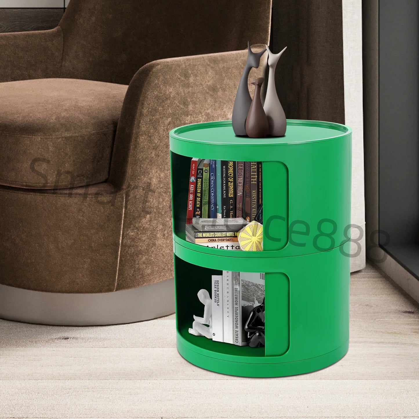 2-Tier Simple Round Nightst Bedside Table Round Large-capacity Storage ABS Green/White for Bathroom Bedroom Office