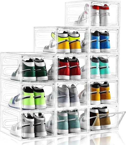 Clear Stackable Shoe Storage Box with Magnetic Door, Holds Up to US Size 12, Easy Assembly