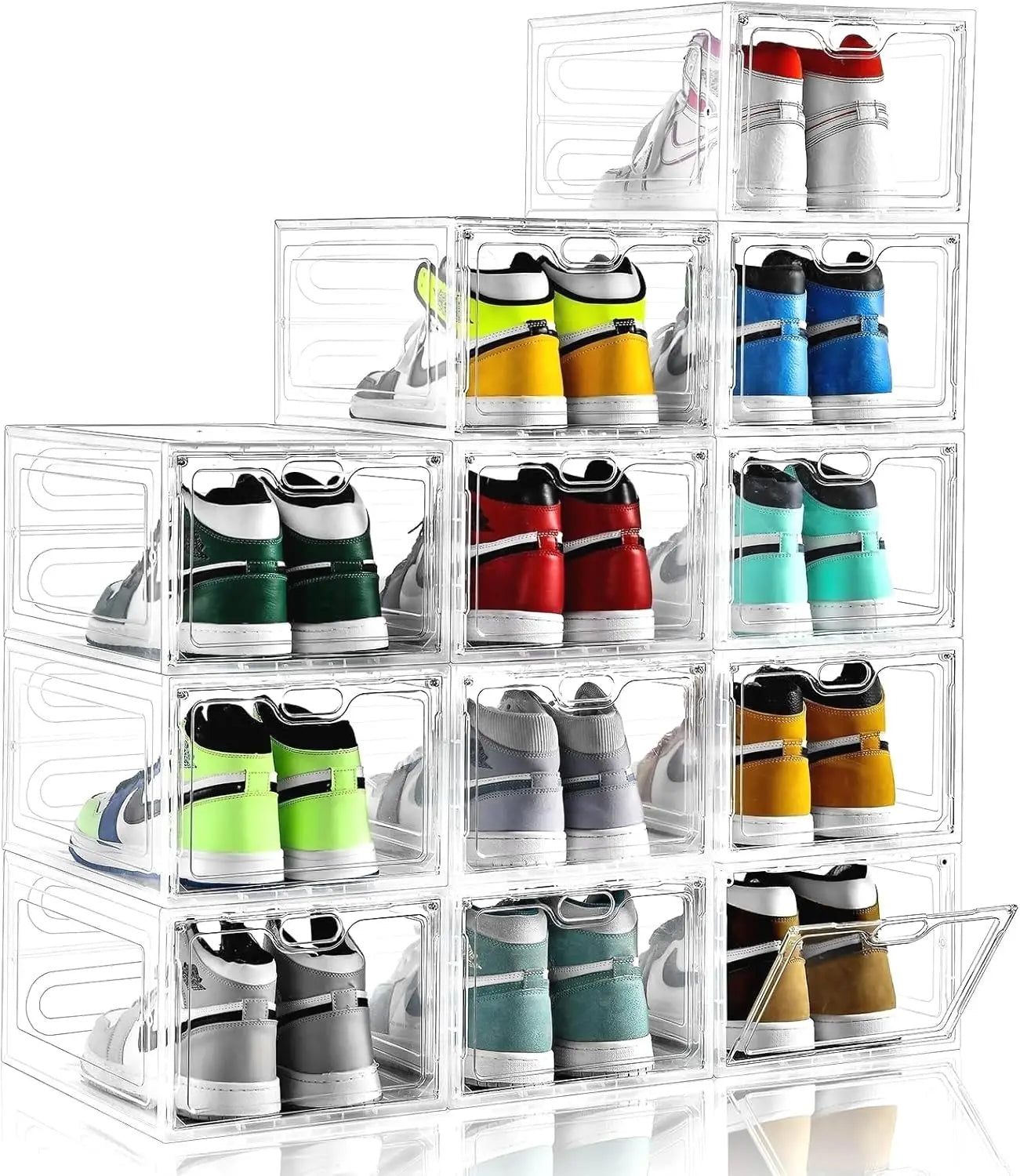 Clear Stackable Shoe Storage Box with Magnetic Door, Holds Up to US Size 12, Easy Assembly
