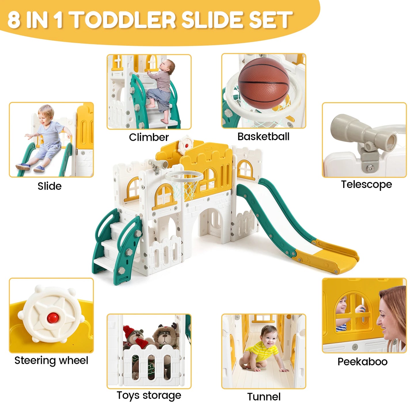 8 In 1 Toddler Indoor Playground With Slide And Climber