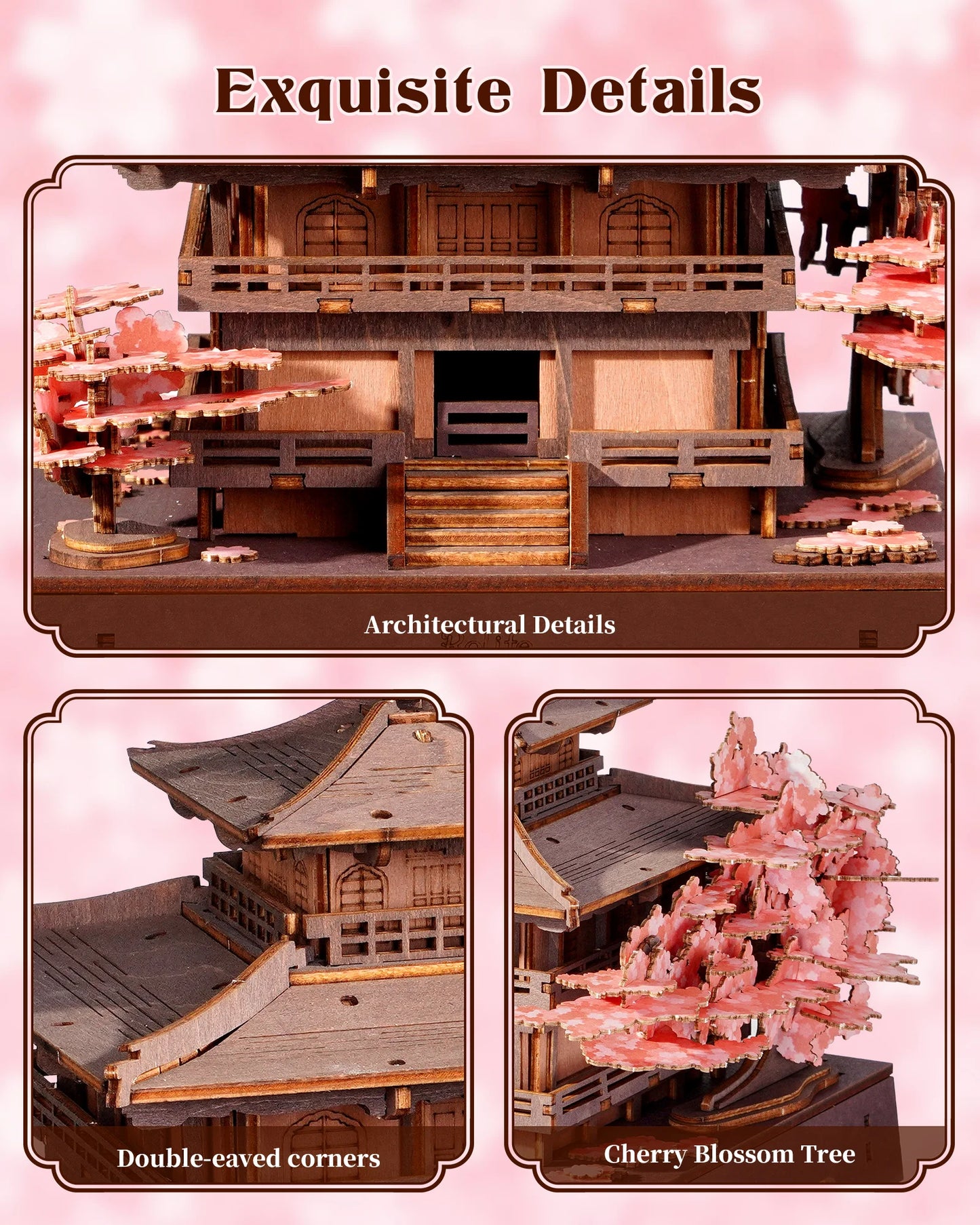 ROKR Sakura Pavilion 3D Wooden Puzzle – Japanese Architecture Model with Cherry Blossom Theme, 235-Piece DIY Craft Kit for Adults & Teens