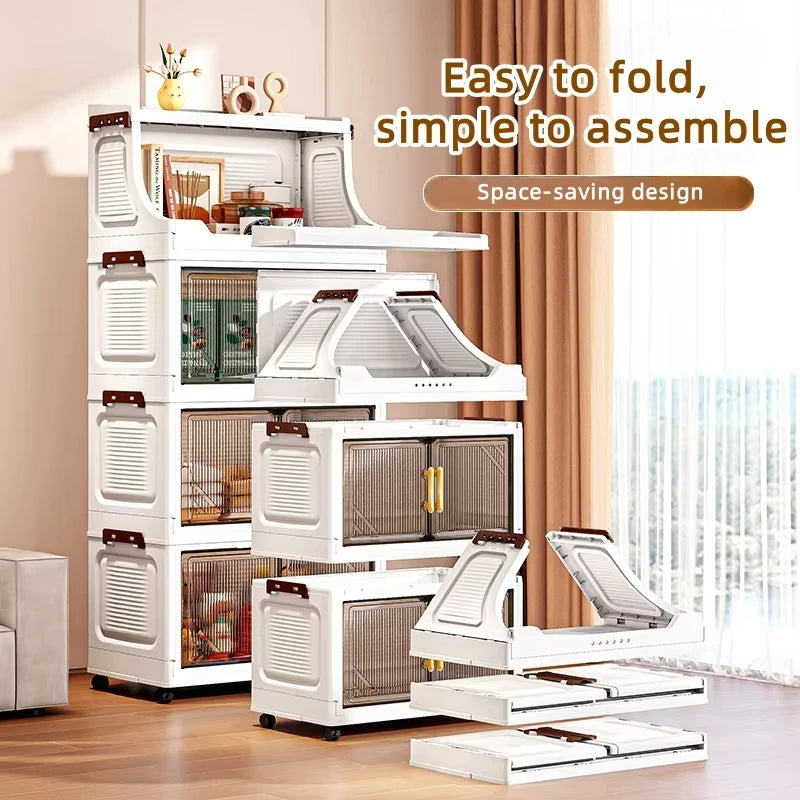 Large Foldable Flip-Top Transparent Storage Cabinet with Wheels, Space-Saving Mobile Home Organizer