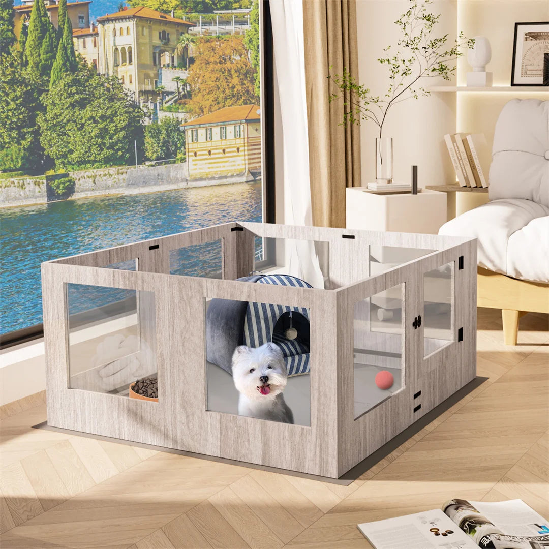 14-Panel Tempered Glass Pet Whelping Pen Box,Puppy Playpen Exercise Pen with Detachable Panels and Rails