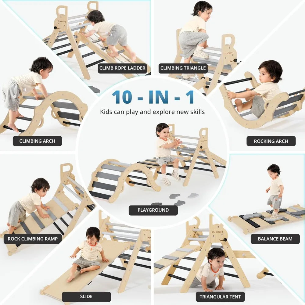 10-in-1 Pikler Triangle Set, Toddler Climbing Toys Indoor, Montessori Climber, Baby Jungle Gyms with Arch, Extra Rope Ladder & Footprint Balance Beam - Grey Twilight