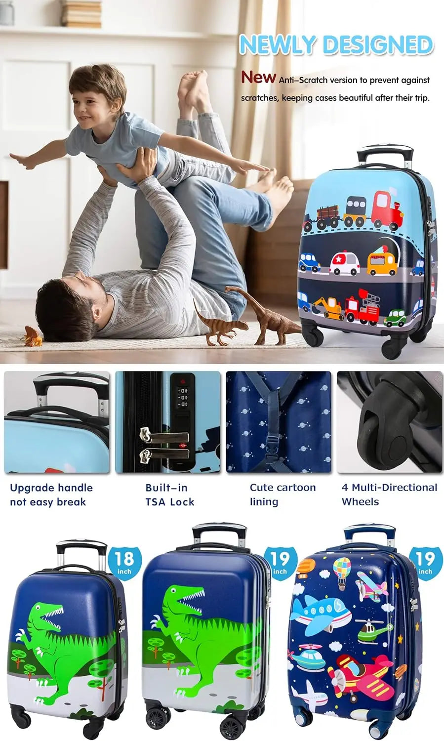 Kids Rolling Suitcase with 4 Wheels, Hardshell Travel Luggage for Toddlers and Children