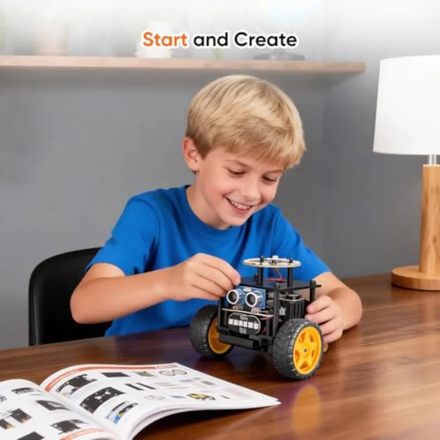 STEM educational robot car kit for kids ages 8-16, ABS plastic, black-red, remote control + build-your-own functionality