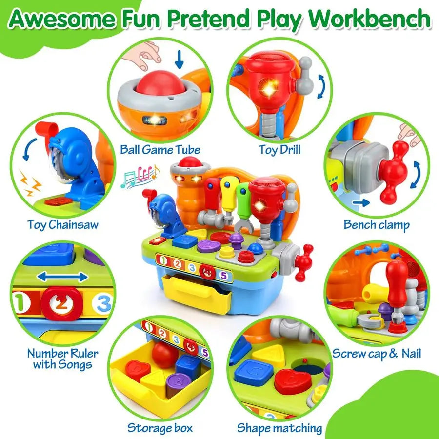 Toys for 1 Year Old Boy, Musical Toddler Tool Bench, Montessori Educational Toys with Sound Lights Effect, Shape Sorter, One Yea