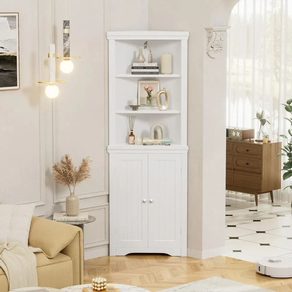 Flamaker Corner Cabinet, Freestanding Corner Shelf with 2 Doors and 3 Shelves, Bathroom Corner Storage Cabinet for Bathroom
